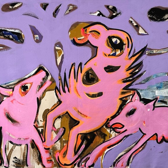 Pink Creatures in Motion — Original Large Abstract Animal Painting - Picture 1 of 2